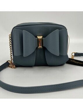 Crossi Chloe Bow Crossbody Blue Faux Leather Zip Closure Chain Strap Logo